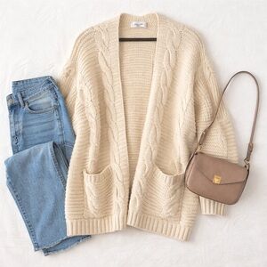 Carly Jean Los Angeles Cable Knit Open Front Cardigan Cream M/L Wool Blend CJLA